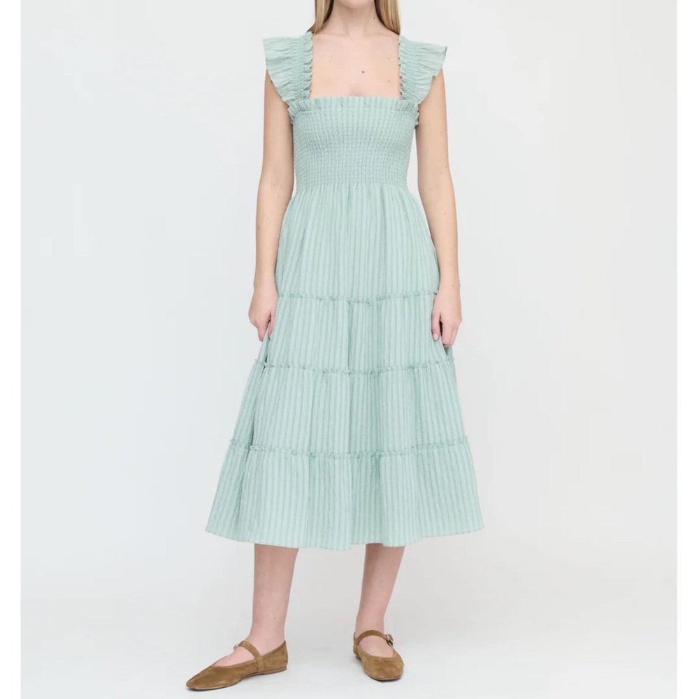 The Ellie Nap Dress Sage Green Tonal Seersucker NWT
